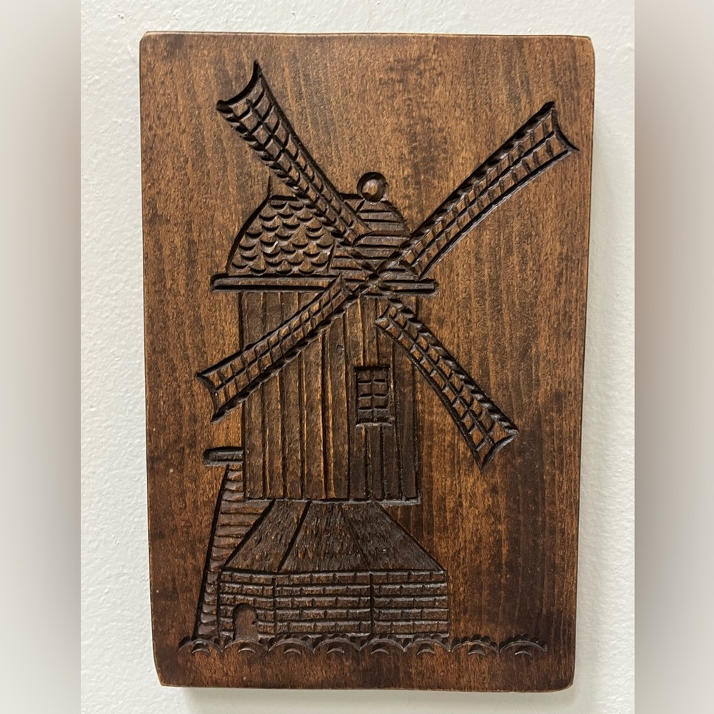 1982 wooden plaque windmill scene, by artist Yvon Tanguy